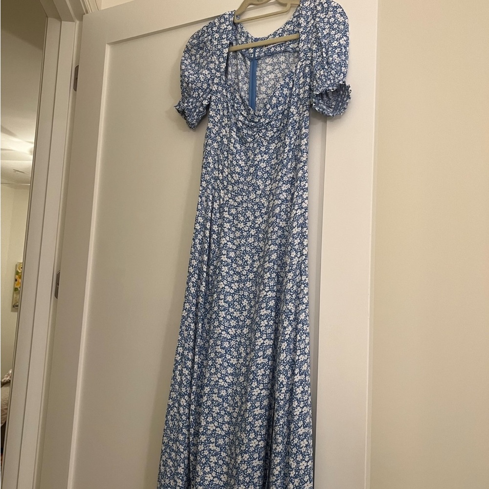 Reformation Blue and White Lacey Floral Midi Dress with Puff Sleeves